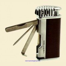 Vertigo by LOTUS Puffer Chrome and Brown Leather Standard Flame Pipe Lighter with Pipe Tools