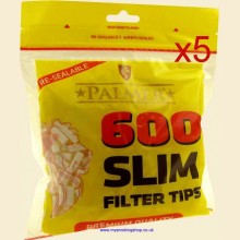 Palmer Slim Paper Wrapped Filter Tips 5 Bags of 600